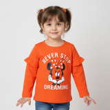 NEW ORANGE NEVER STOP DREAMING MICKEY PRINTED FULL SLEEVES T-SHIRT