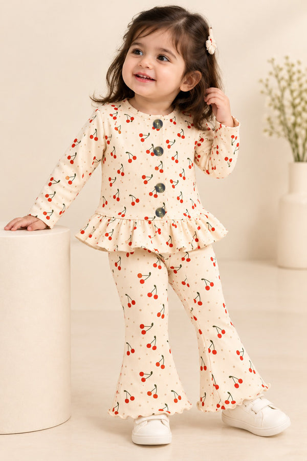 Cream Red Cherry Velora Rib Fabric Suit