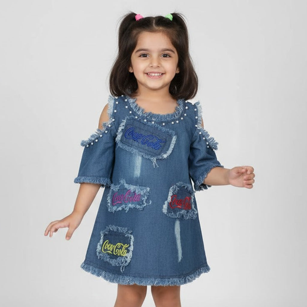 MID BLUE LIGHT DENIM COLD SHOULDER TOP FOR GIRLS Main image