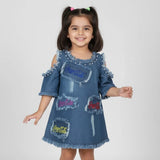 MID BLUE LIGHT DENIM COLD SHOULDER TOP FOR GIRLS