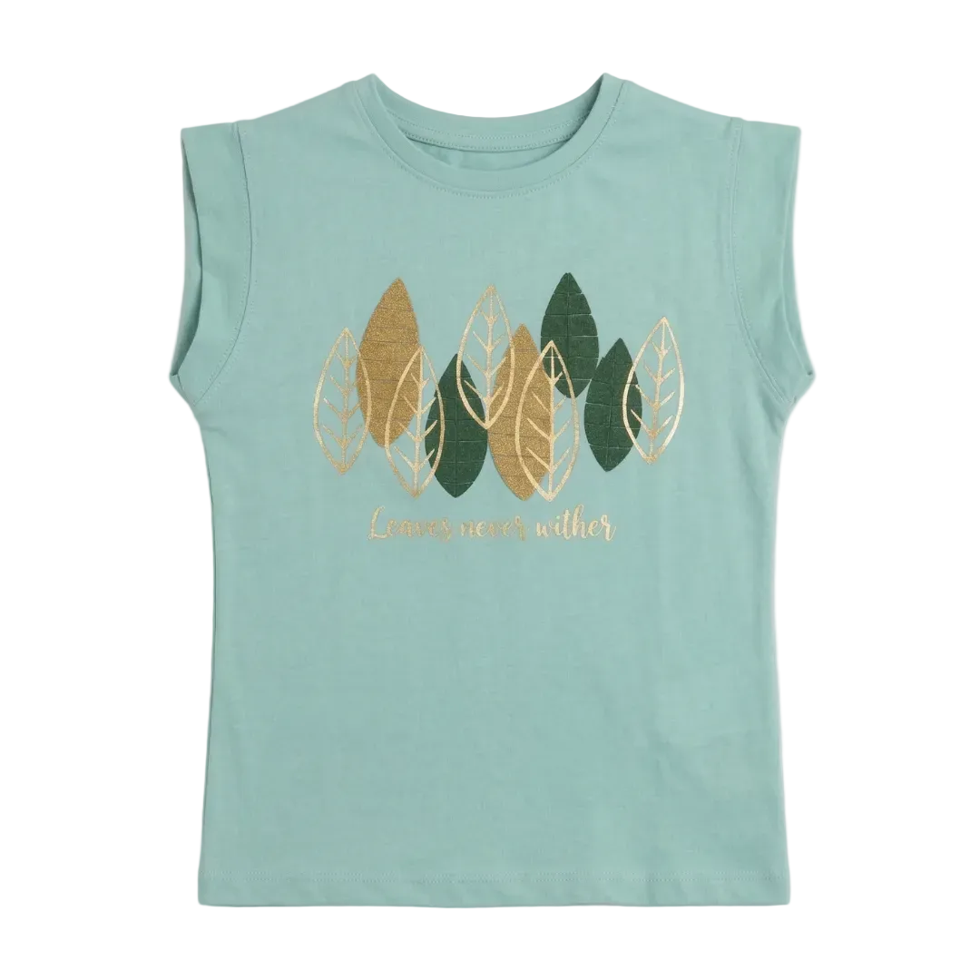 Sky Blue Leaf Print T-shirt Top For Girls Secondary image