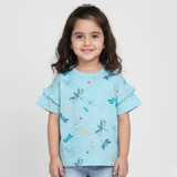 SEA GREEN DRAGONFLY PRINTED T-SHIRT TOP FOR GIRLS