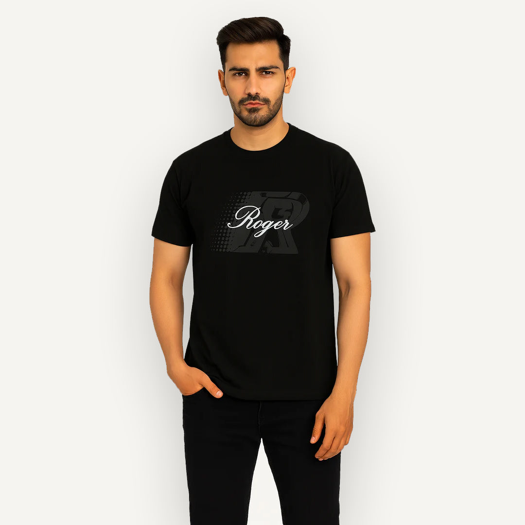 BLACK "R ROGER" PRINT T-SHIRT FOR MEN