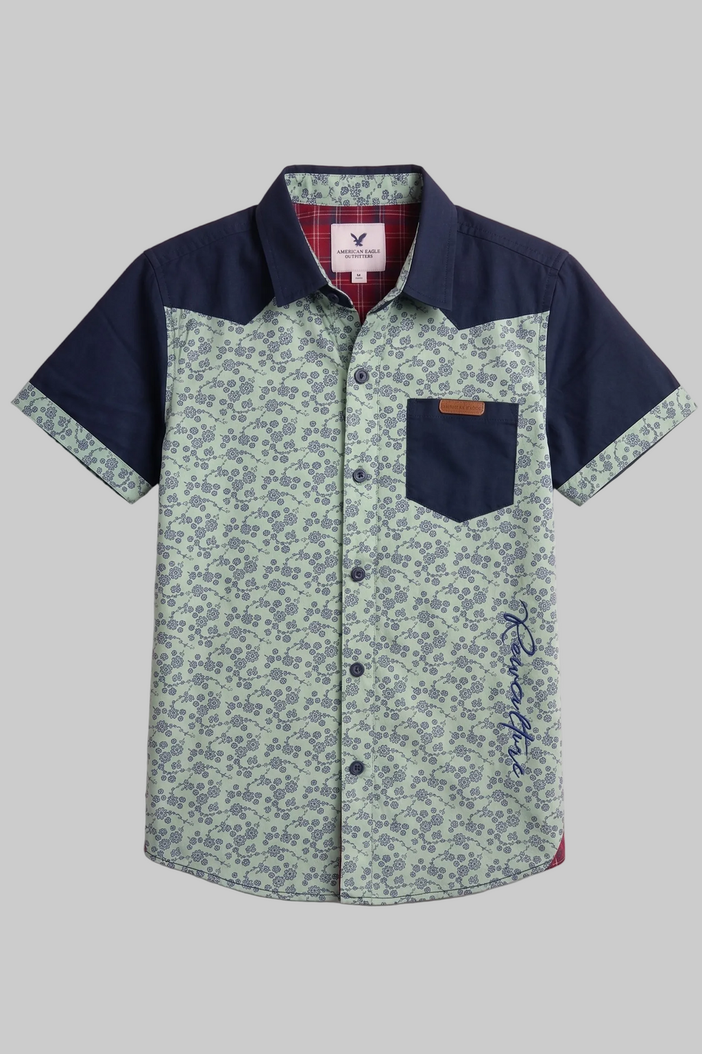 Green & Navy Blue Flowers Print Half Sleeves Casual Shirt