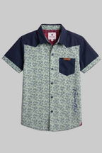 Green & Navy Blue Flowers Print Half Sleeves Casual Shirt