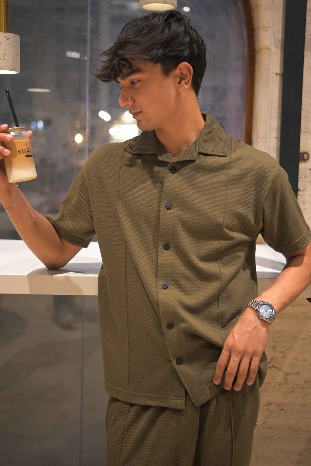 Green Pop-Corn Fabric Trouser & Shirt Suit For Men