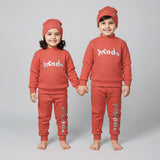 Dark Peach Panda Print Ribbed Fabric Suit For Winters