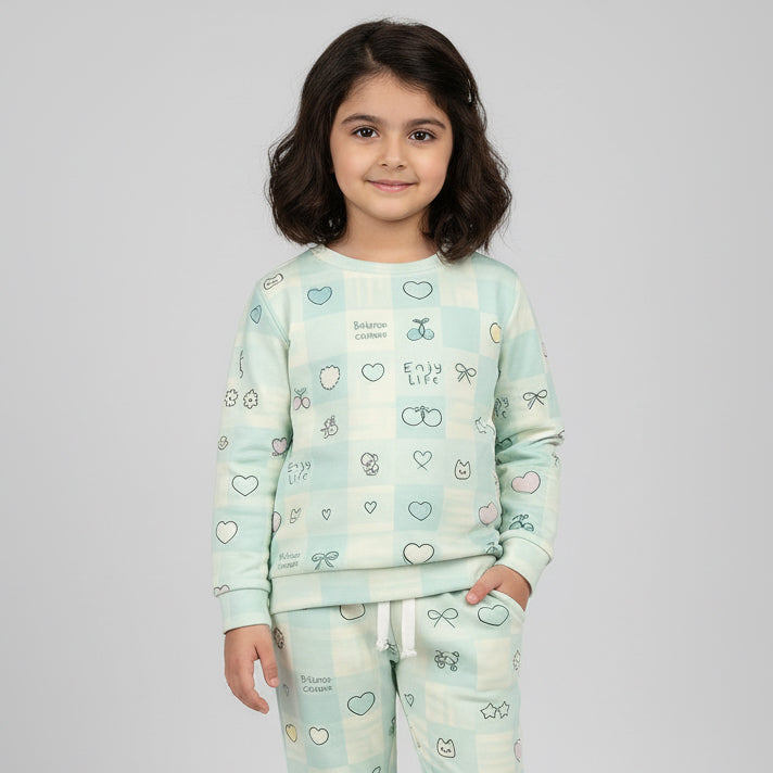 Blue Cherry Print Fleece Fabric Suit For Winters Main image