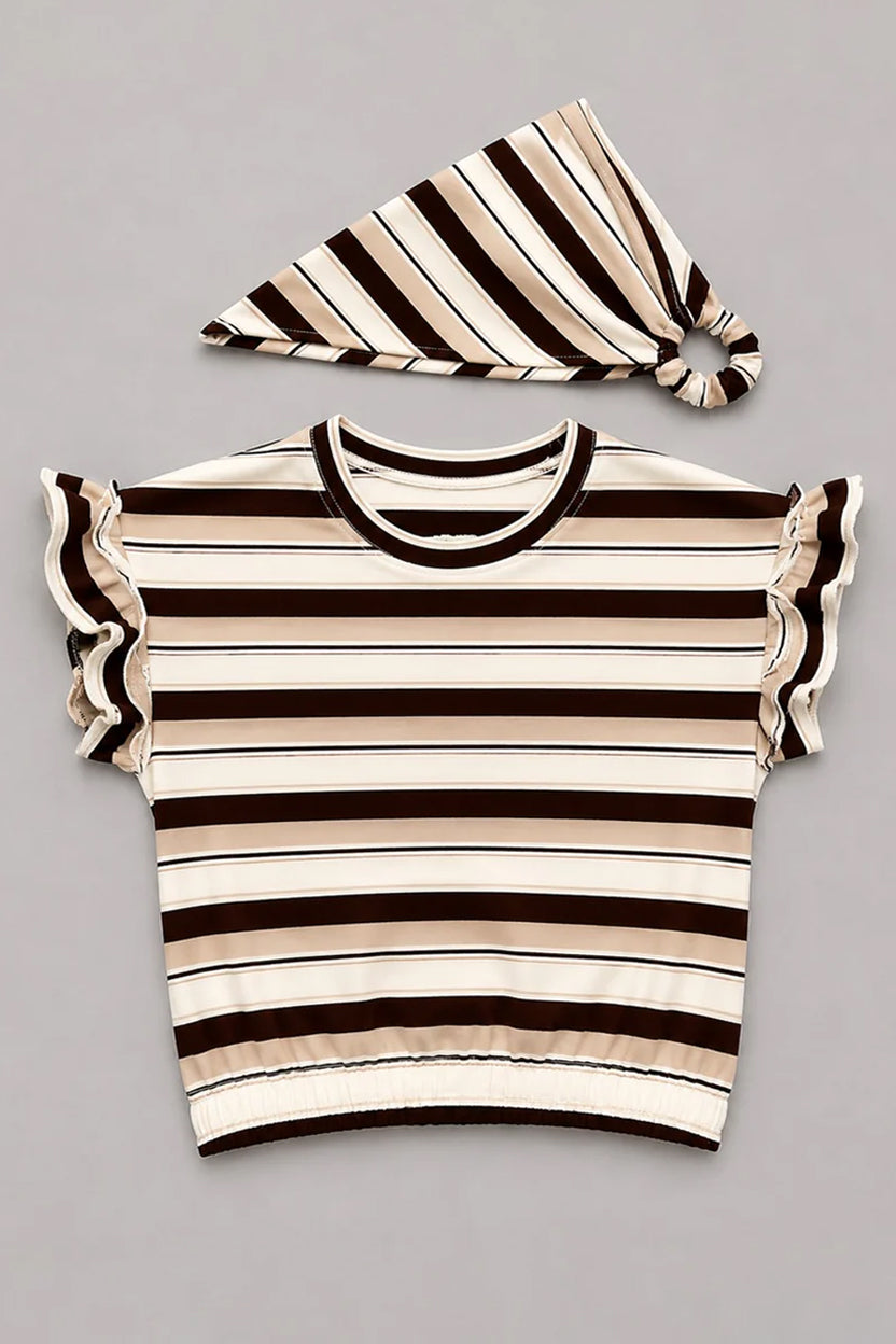White With Brown Stripe Bandana T-shirt Top For Girls