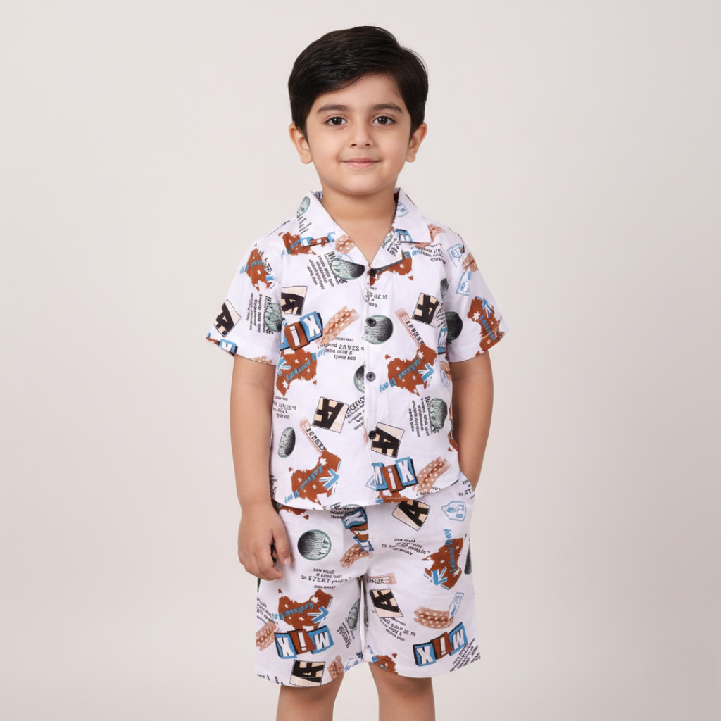 WHITE MIX PRINT LINEN FABRIC WITH SHORTS BABA SUIT