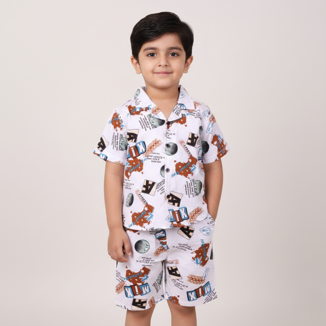 WHITE MIX PRINT LINEN FABRIC WITH SHORTS BABA SUIT