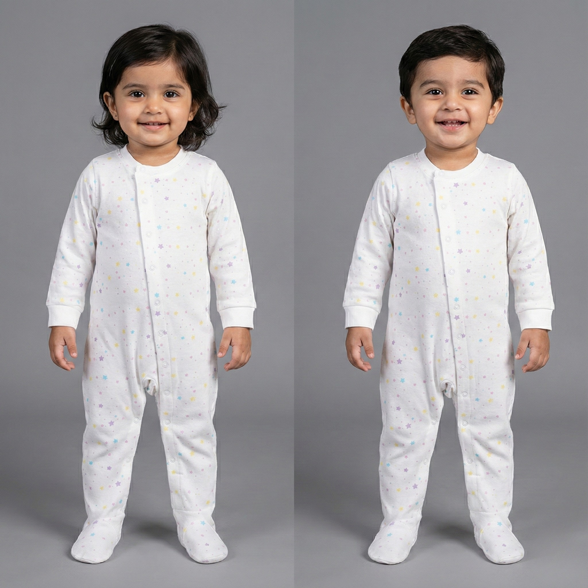 WHITE MULTI COLOR STARS PRINTED FULL BODY FULL SLEEVES ROMPERS