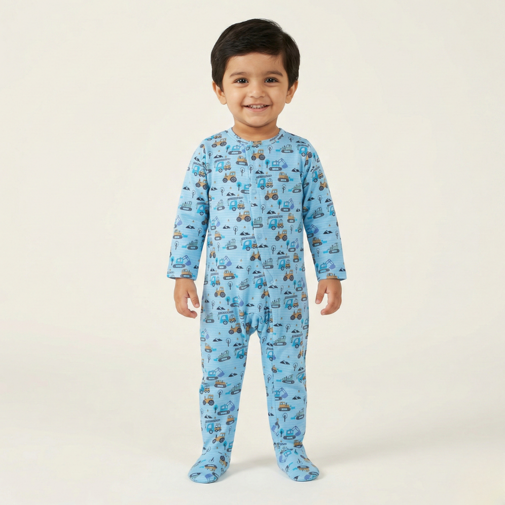 SKY BLUE HEAVY TRUCKS & EXCAVATOR PRINT FULL BODY FULL SLEEVES ROMPERS