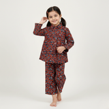 NAVY BLUE WITH ORANGE FLOWERS PRINT LINEN FABRIC SUIT FOR GIRLS