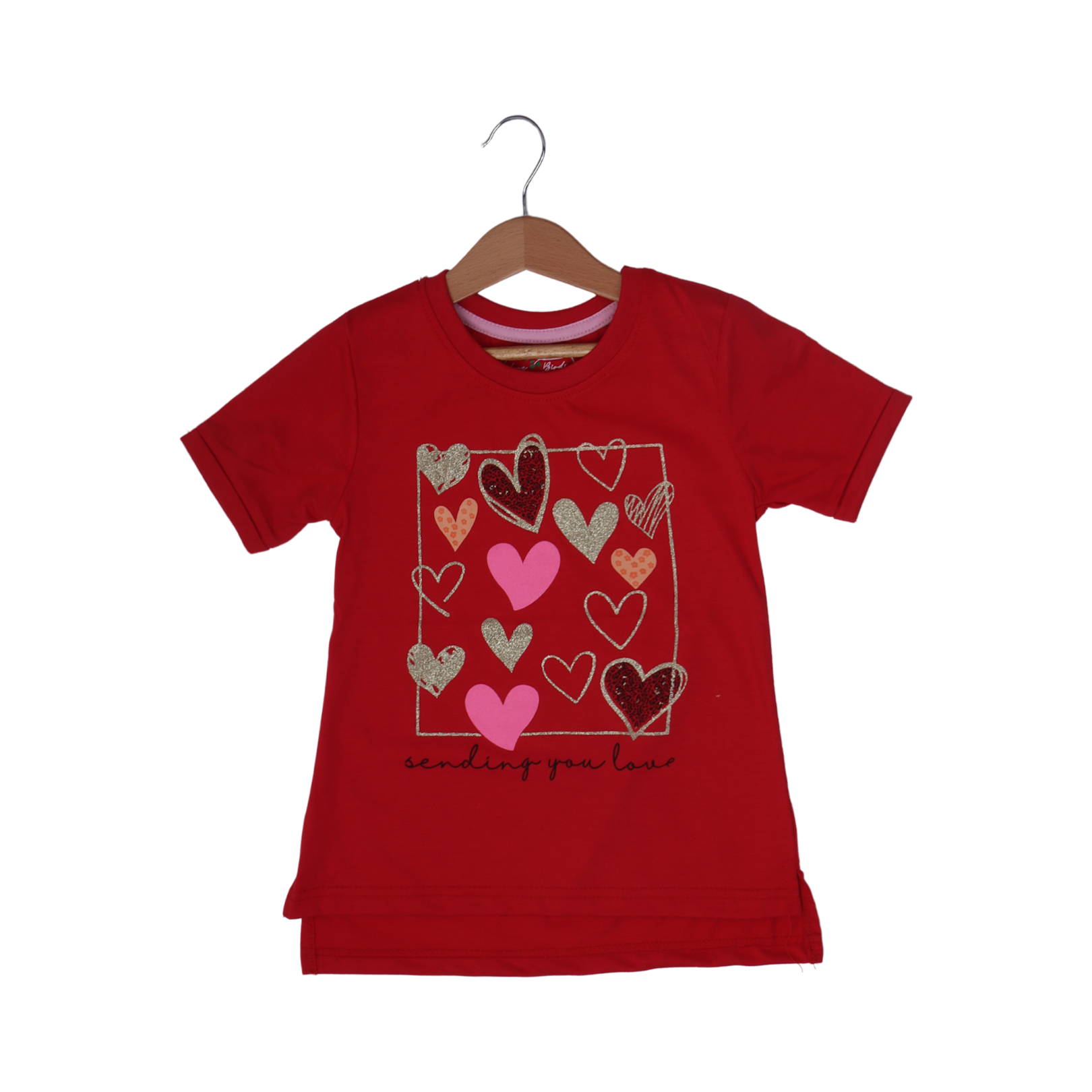 RED "SENDING YOU LOVE" PRINTED T-SHIRT TOP FOR GIRLS Secondary image