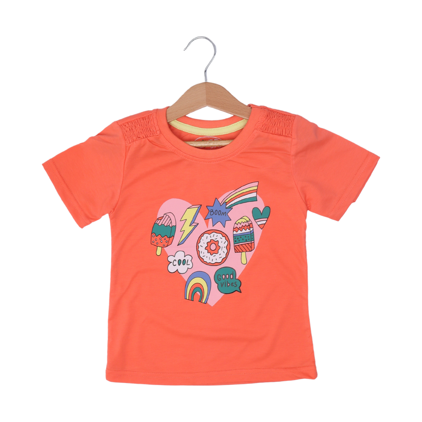 DARK PEACH HEART BOOM GOOD VIBES PRINTED T-SHIRT TOP FOR GIRLS Secondary image