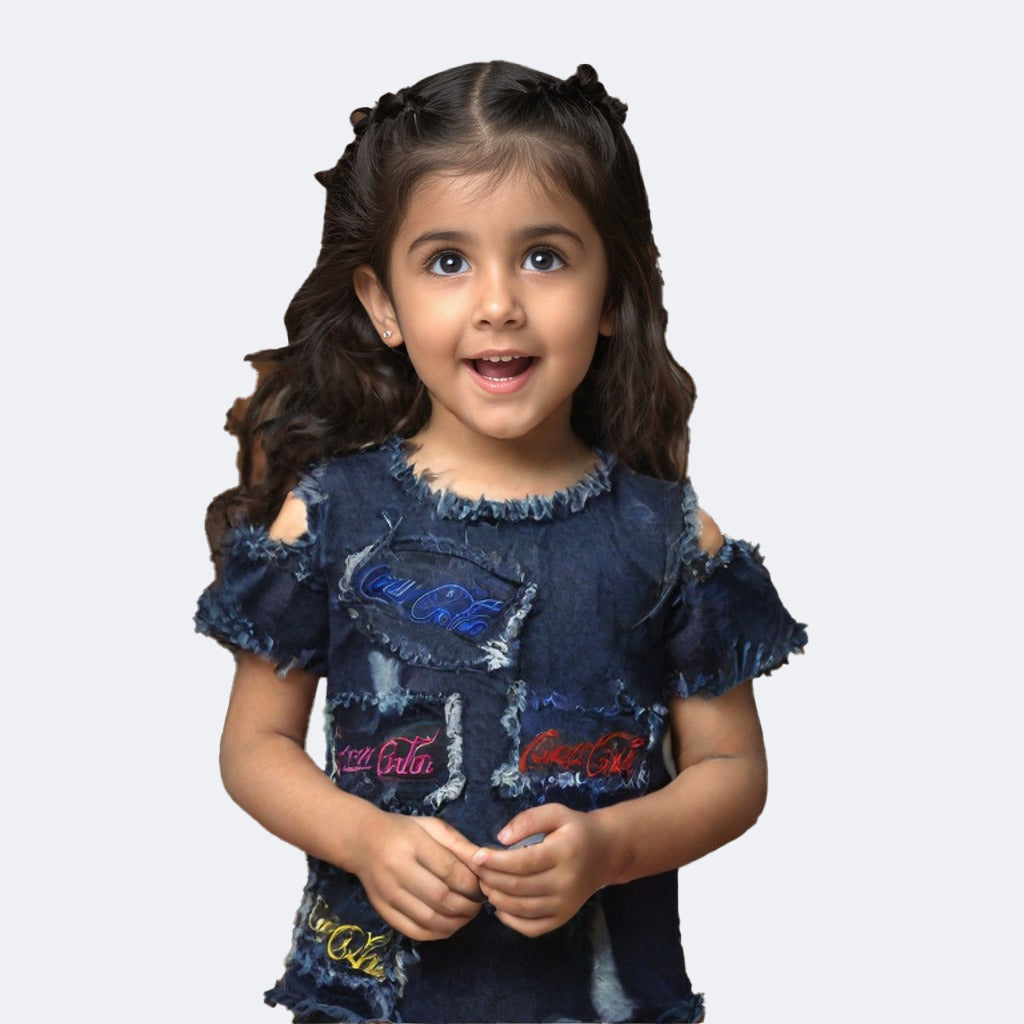 DARK BLUE DENIM COLD SHOULDER TOP FOR GIRLS Main image