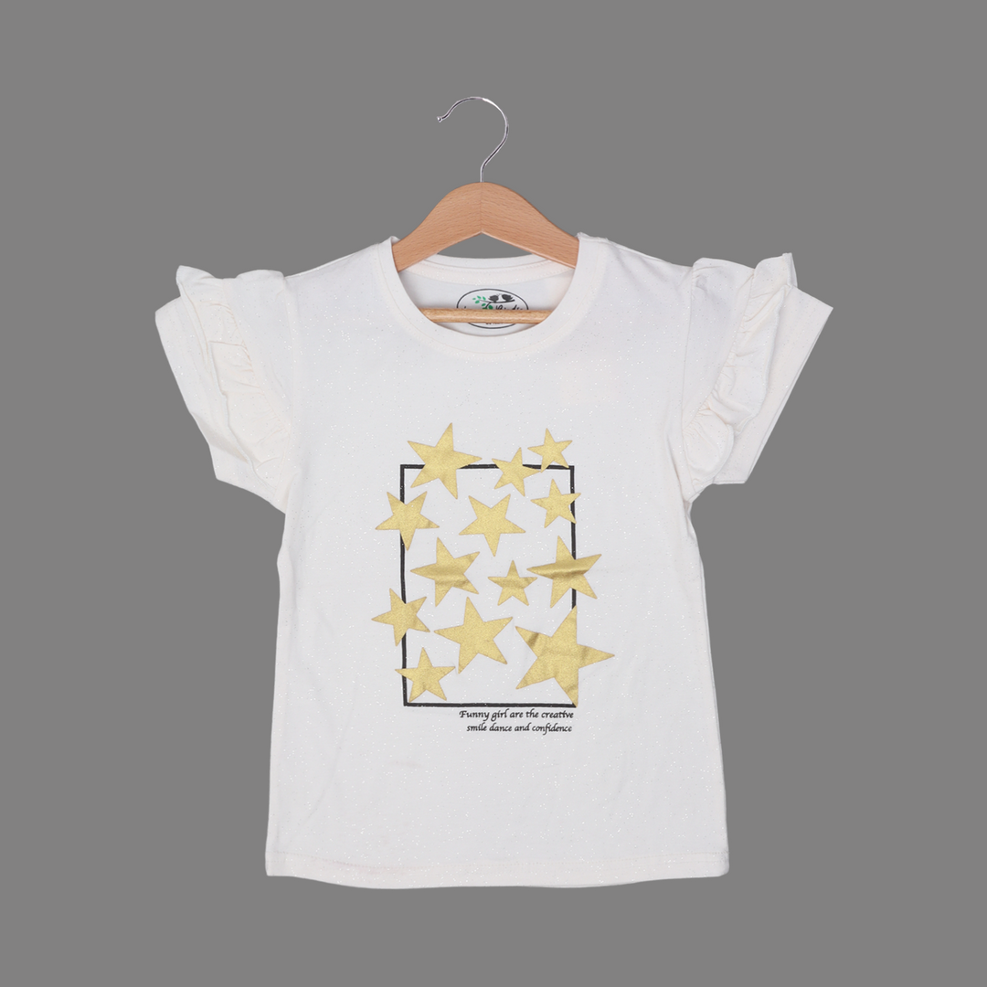 WHITE WITH GOLDEN STARS PRINTED T-SHIRT TOP FOR GIRLS