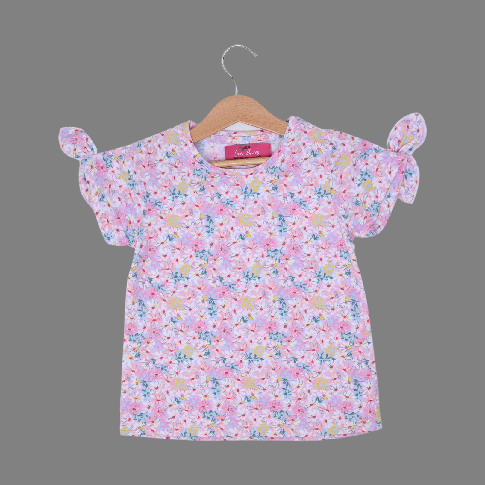 PURPLE FLOWERS WITH BOW SLEEVES PRINTED T-SHIRT TOP FOR GIRLS Secondary image