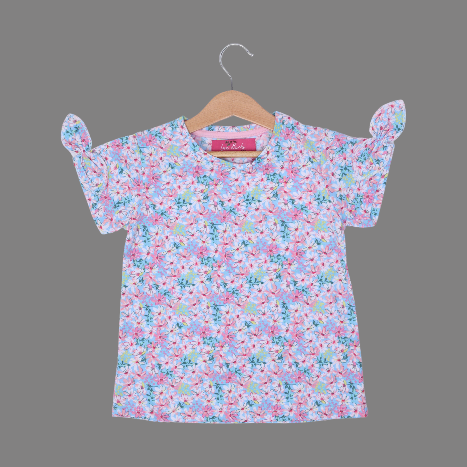 SKY BLUE FLOWERS WITH BOW SLEEVES PRINTED T-SHIRT TOP FOR GIRLS Secondary image