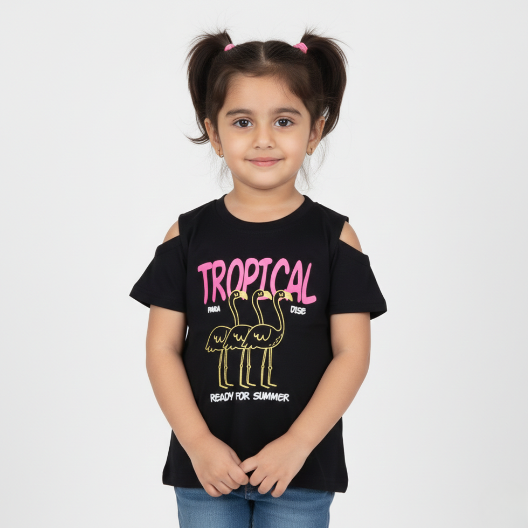 BLACK TROPICAL PARADISE PRINTED T-SHIRT TOP FOR GIRLS