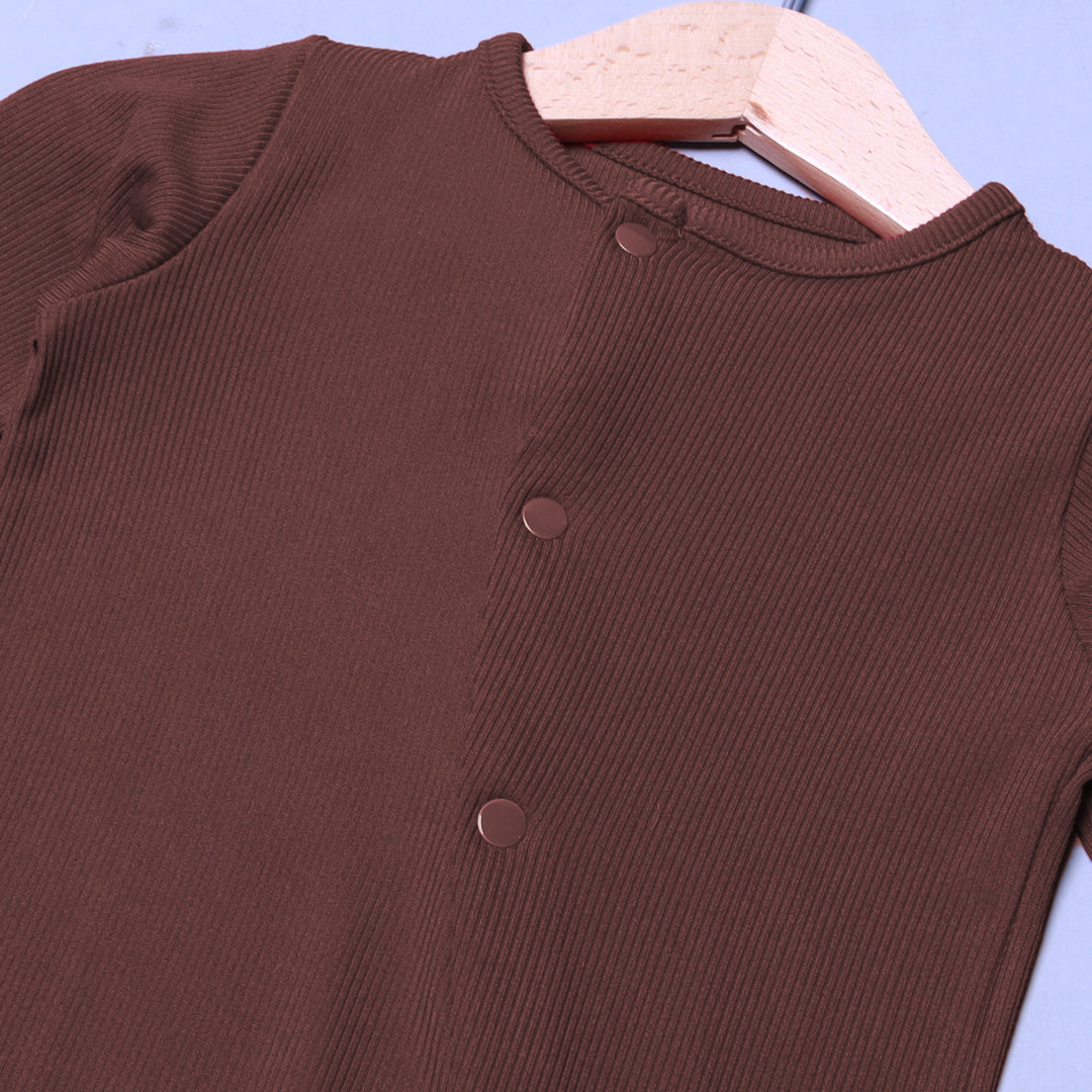 BROWN PLAIN RIBBED FABRIC POWER STRETCH FULL BODY FULL SLEEVES ROMPER