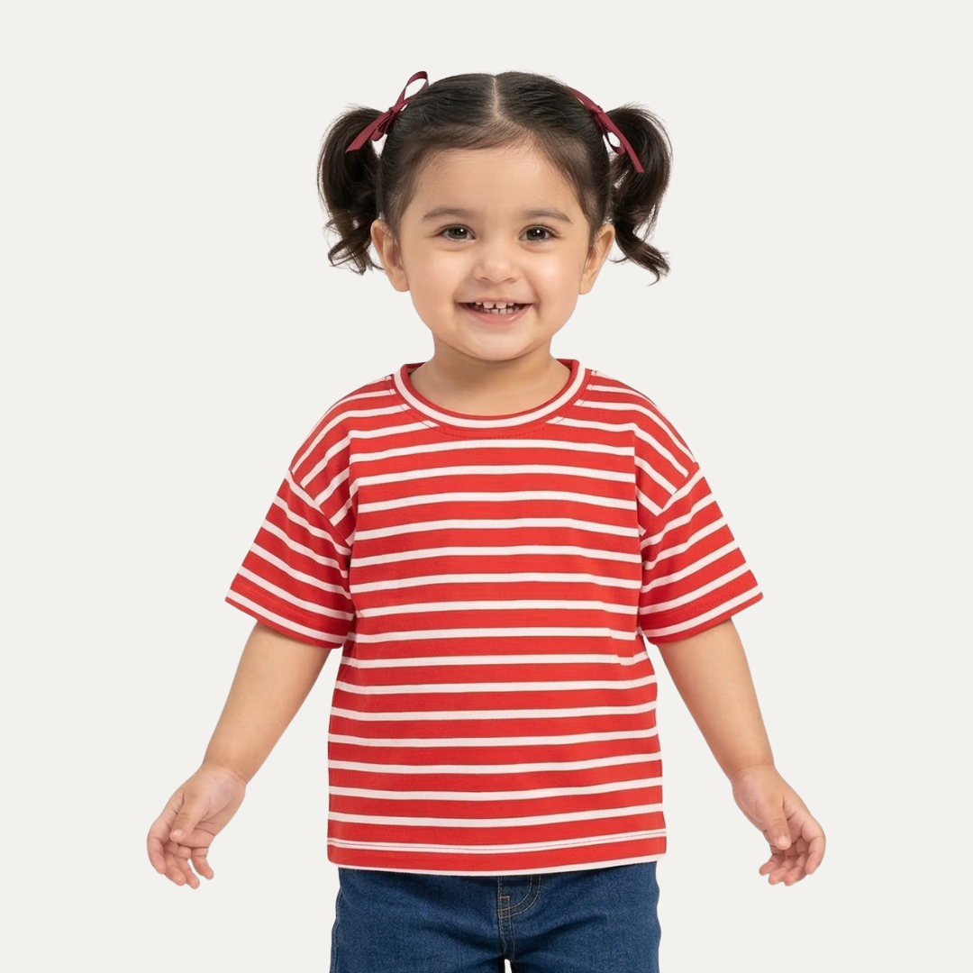 Red With White Stripes T-shirt Top For Girls Main image