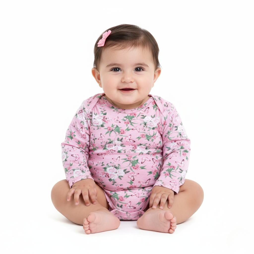 PINK BUTTERFLY & FLOWERS PRINT COTTON JERSY FABRIC HALF BODY FULL SLEEVES ROMPER Secondary image