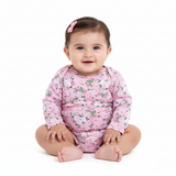 PINK BUTTERFLY & FLOWERS PRINT COTTON JERSY FABRIC HALF BODY FULL SLEEVES ROMPER
