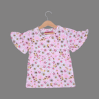 BABY PINK BIG FLOWERS FRIL SLEEVES PRINTED T-SHIRT TOP FOR GIRLS