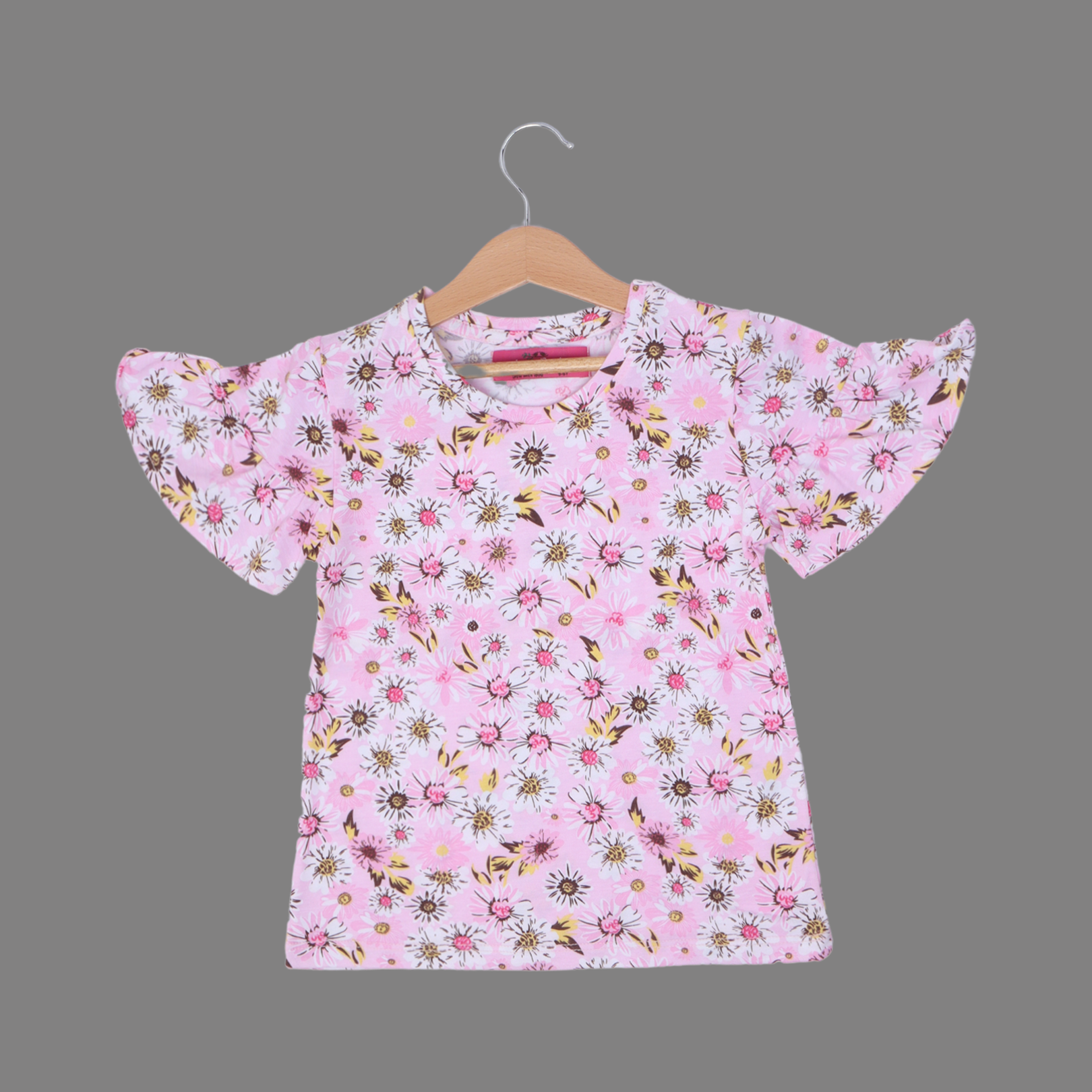 BABY PINK BIG FLOWERS FRIL SLEEVES PRINTED T-SHIRT TOP FOR GIRLS