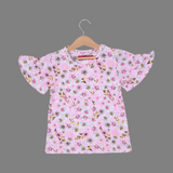 BABY PINK BIG FLOWERS FRIL SLEEVES PRINTED T-SHIRT TOP FOR GIRLS