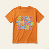 Orange Great Things Await Print Half Sleeves T-Shirt For Boys