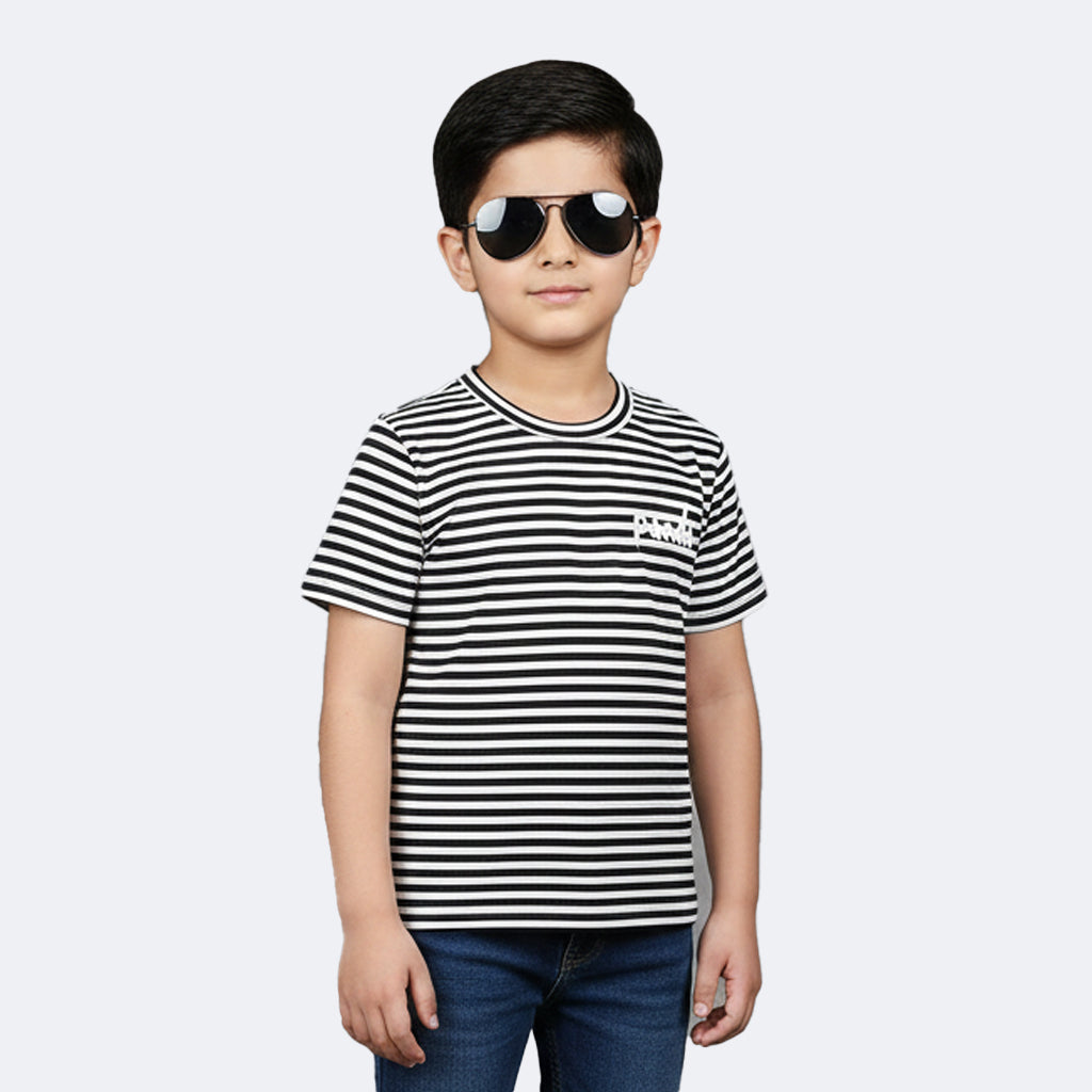 WHITE WITH BLACK STRIPES PANDA HALF SLEEVES T-SHIRT FOR BOYS