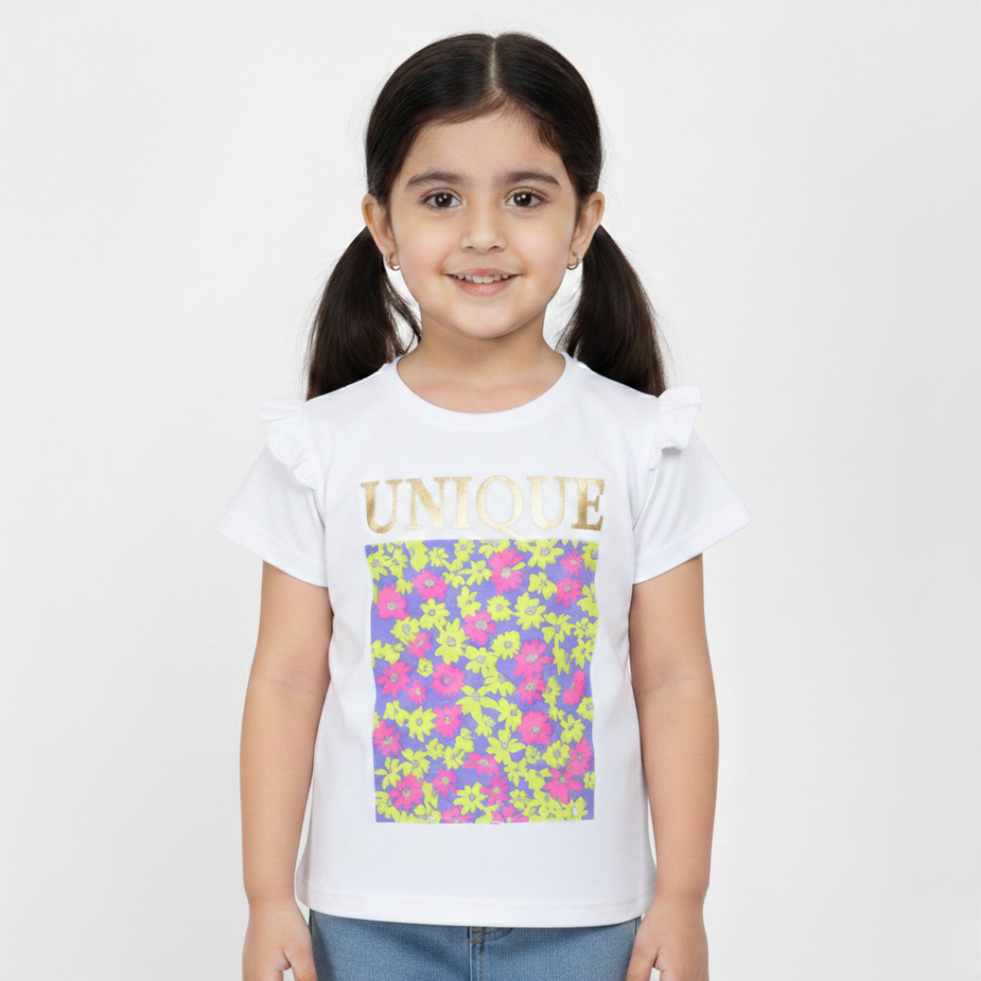 WHITE UNIQUE FLOWERS PRINTED T-SHIRT TOP FOR GIRLS Main image