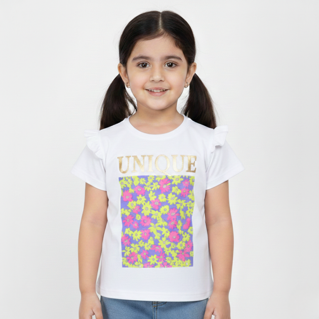 WHITE UNIQUE FLOWERS PRINTED T-SHIRT TOP FOR GIRLS