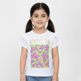WHITE UNIQUE FLOWERS PRINTED T-SHIRT TOP FOR GIRLS