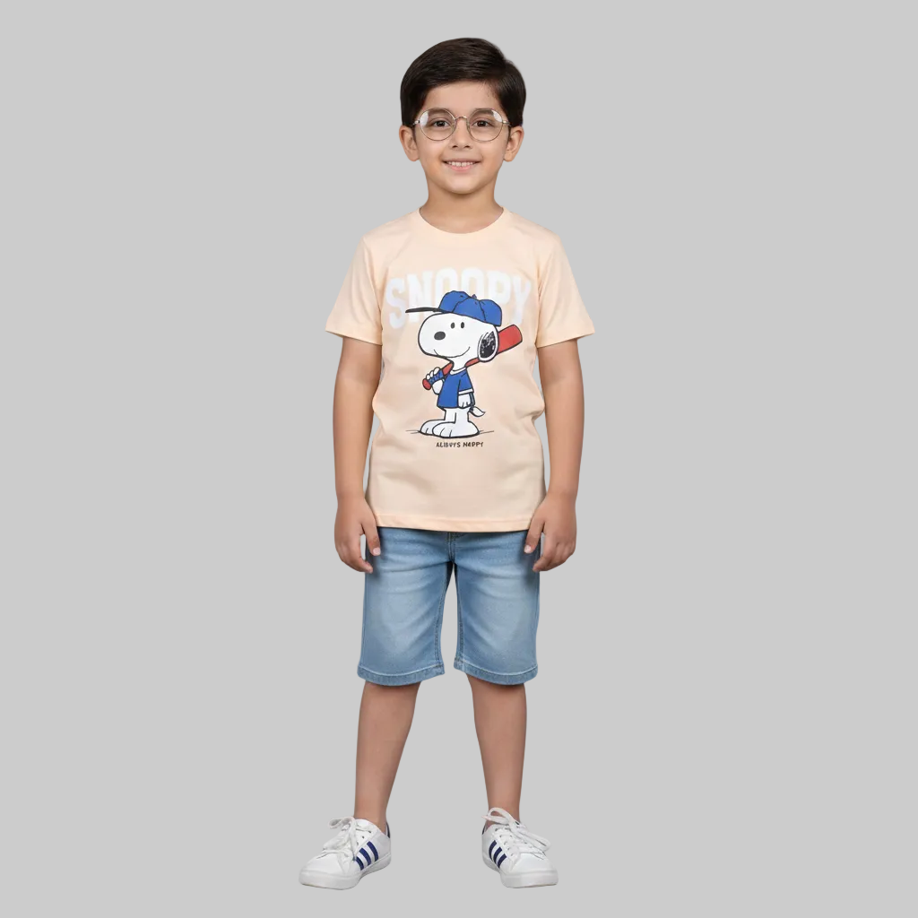 BABY PINK SNOOPY PRINTED HALF SLEEVES T-SHIRT FOR BOYS