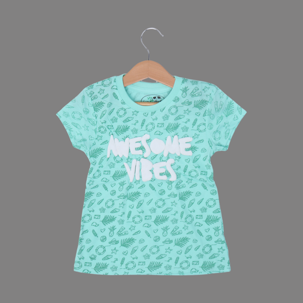 SEA GREEN AWESOME VIBES PRINTED T-SHIRT TOP FOR GIRLS