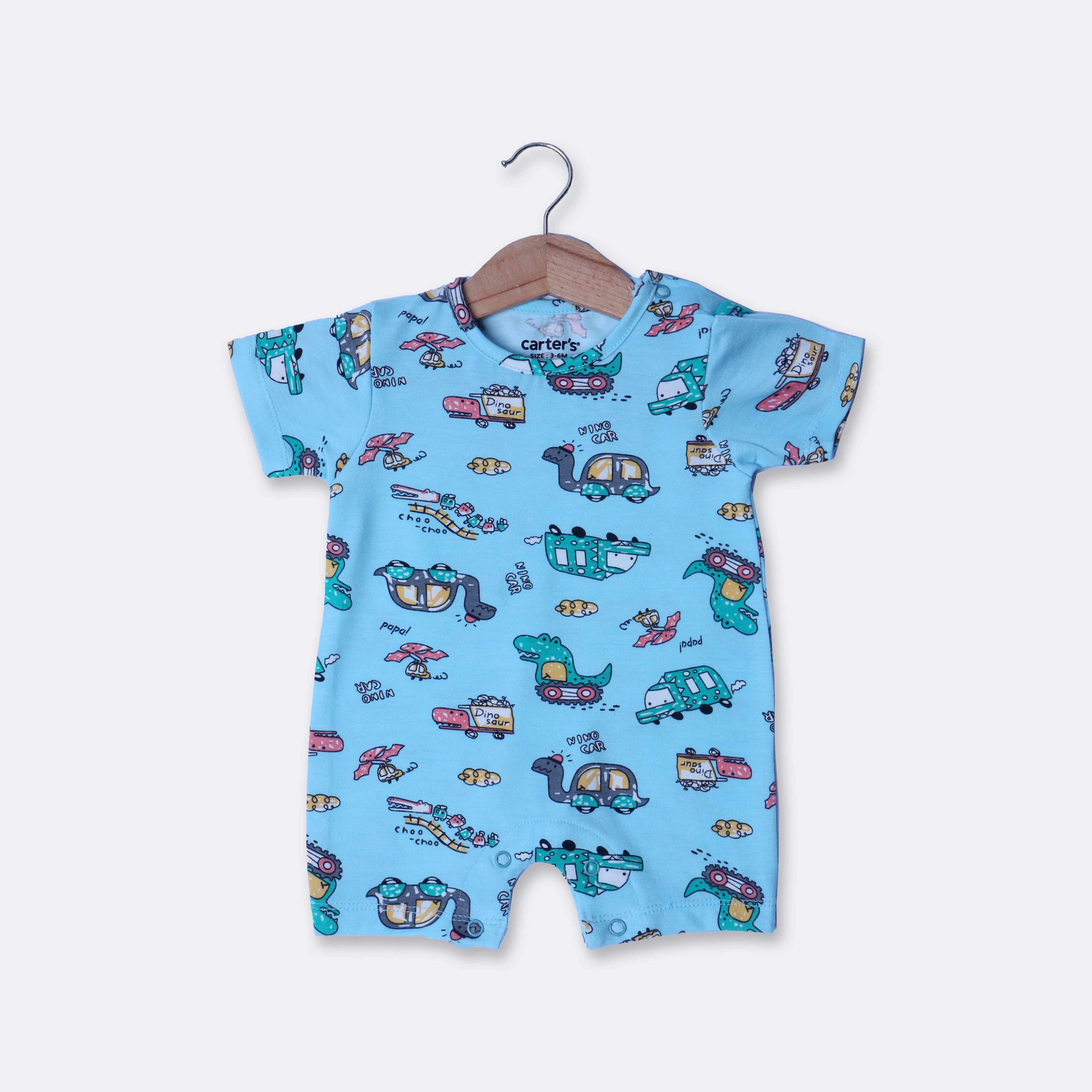 SKY BLUE NINO CAR PRINT HALF BODY ROMPER Main image