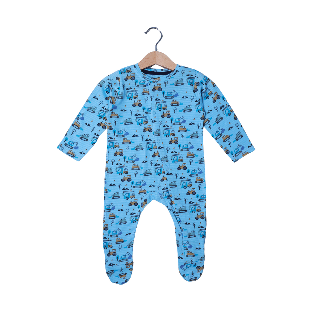 SKY BLUE HEAVY TRUCKS & EXCAVATOR PRINT FULL BODY FULL SLEEVES ROMPERS