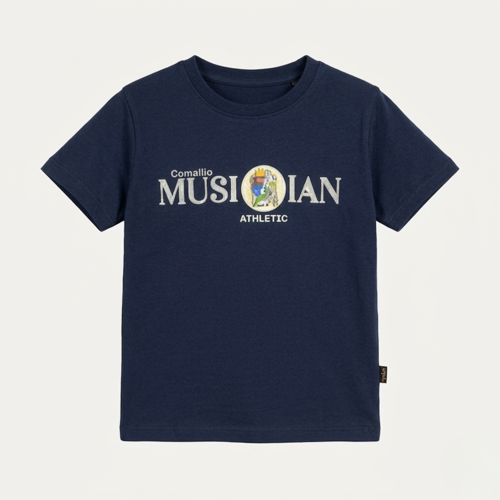 Navy Blue Musician Print Half Sleeves T-Shirt For Boys