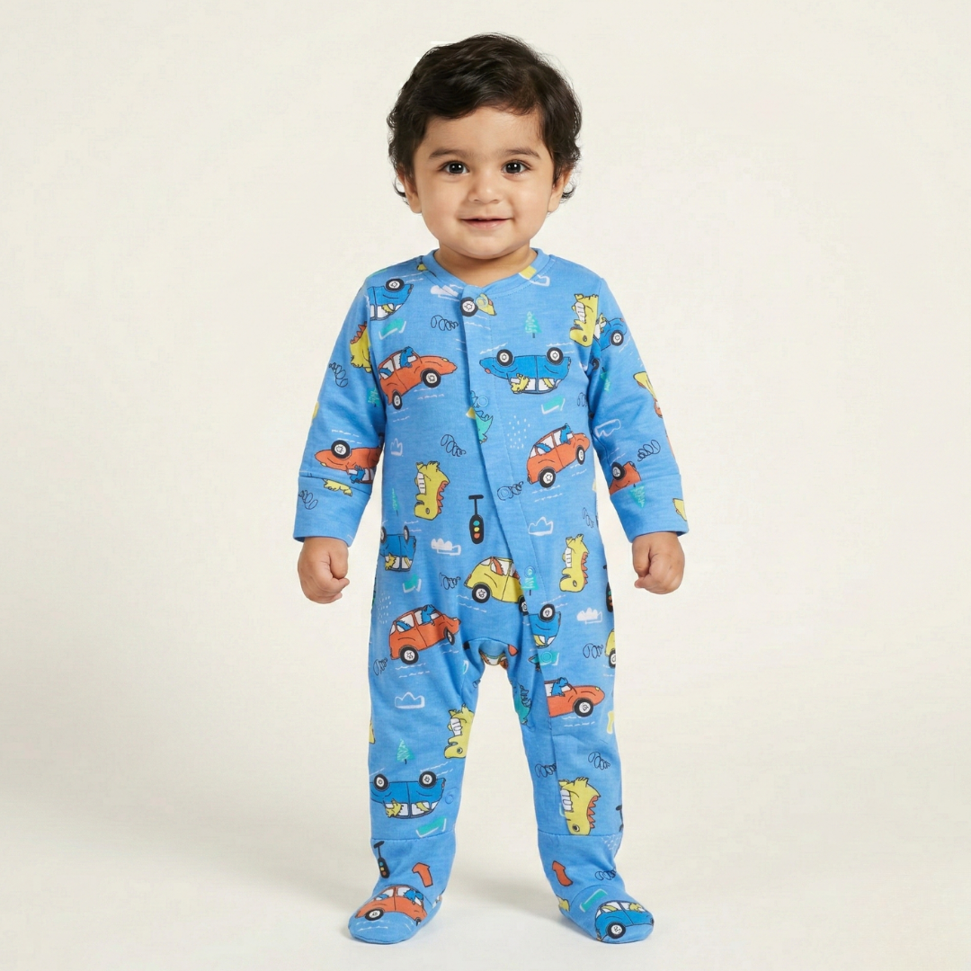 ROYAL BLUE DINO & CARS PRINT FULL BODY FULL SLEEVES ROMPERS