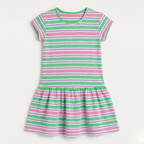 Pink & Green Stripes With Hair Band Frock For Girls