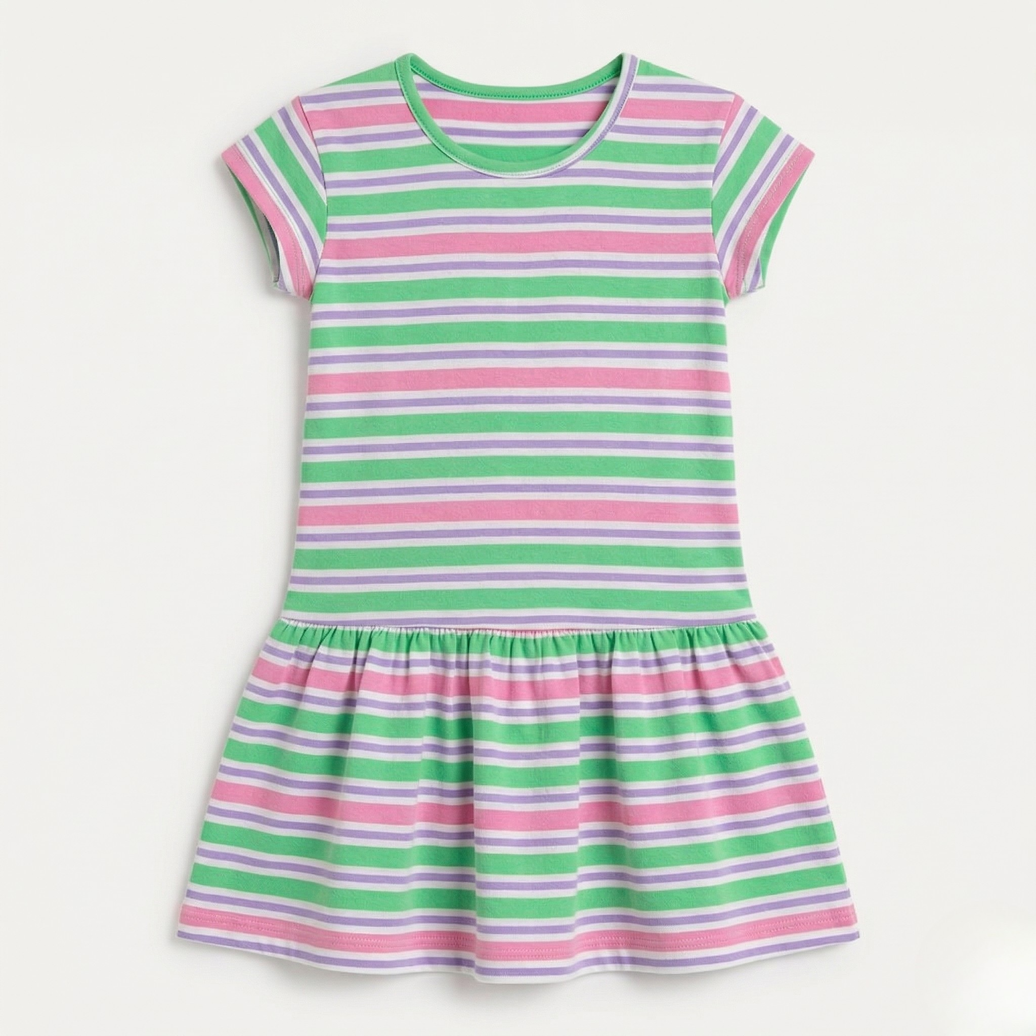 Pink & Green Stripes With Hair Band Frock For Girls