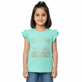 SEA GREEN BELIEVE IN YOUR SELFIE PRINTED T-SHIRT FOR GIRLS