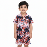 BROWN & BLACK PALM TREES PRINT LINEN FABRIC WITH SHORTS BABA SUIT