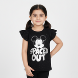 BLACK MICKEY SPACED OUT PRINTED T-SHIRT TOP FOR GIRLS