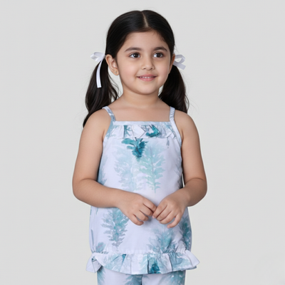 WHITE FRIL BIG TREE PRINTED COTTON FABRIC ROMPER