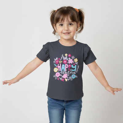 CHARCOAL GREY HAPPY WEEKEND PRINTED T-SHIRT TOP FOR GIRLS